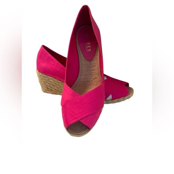PINK FABRIC PEEP TOE WEDGE BY LAUREN RALPH LAUREN, Sz 9.5B - Picture 1 of 8